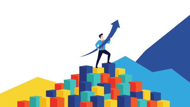 Confident professional standing on a pyramid of colorful blocks while holding a large upward arrow to symbolize market peak success.