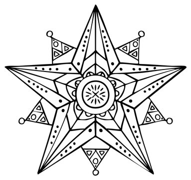 Ornate hand-drawn seven-pointed star mandala design with geometric patterns and decorative elements in black and white.
