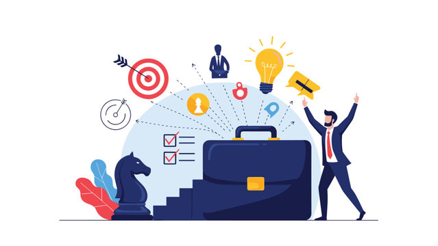 Successful businessman celebrating next to a giant briefcase filled with icons of targets and chess pieces symbolizing master business strategy.