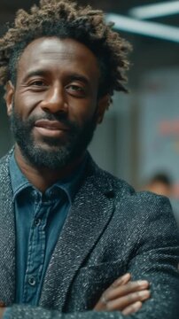Close-up portrait of a man with a trimmed beard wearing a speckled blazer and denim shirt, arms crossed; urban, moody lighting conveys confidence and style