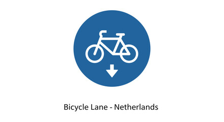 Fototapeta premium Vector illustration of a universally recognized blue circular road sign featuring a white bicycle and a downward arrow, denoting the entry or direction for a dedicated cycling lane