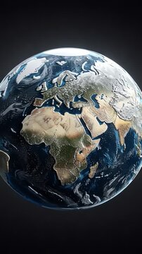 Realistic blue and white spherical Earth with continents and swirling clouds for global concepts