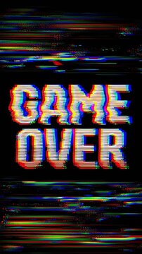Game over glitch text with colorful digital distortion and retro static for gaming error screen