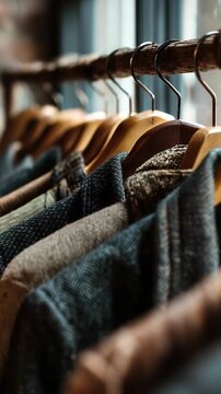 Close-up of tweed jackets on a wooden rack; warm, moody lighting highlights herringbone texture and fabric details in a rustic shop