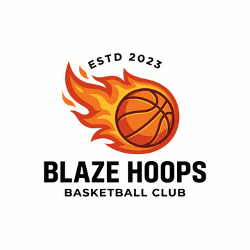 A vibrant logo representing Blaze Hoops Basketball Club, featuring a flaming basketball that embodies energy, passion, and a commitment to the sport of basketball.