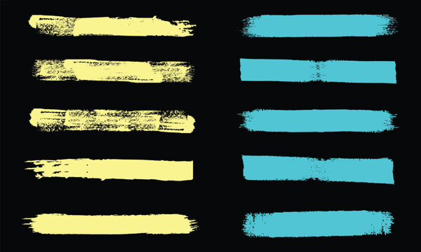 Set of grunge rolled ink stamp textures handmade with brayer. Vintage grunge paint brush strokes and banner set with colorful textured flag style design for vector illustration and web labels.