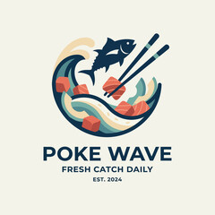 Obraz premium This logo features a dynamic wave with fish and sushi, symbolizing freshness and vibrancy in a contemporary food brand focused on poke bowls, appealing to seafood lovers.