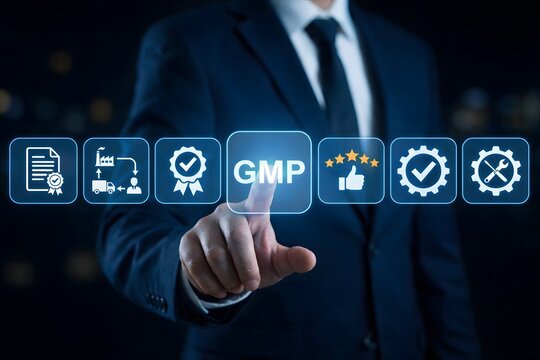 Businessman pressing GMP quality compliance interface for manufacturing standards