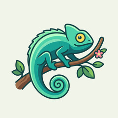 Fototapeta premium This colorful cartoon chameleon sits on a branch with greenery, representing adaptability and nature. Great for educational materials or wildlife-themed designs.