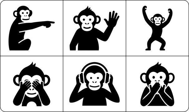 A set of six monkey silhouettes in different poses and gestures, representing see, hear, speak, and act, on a white background.