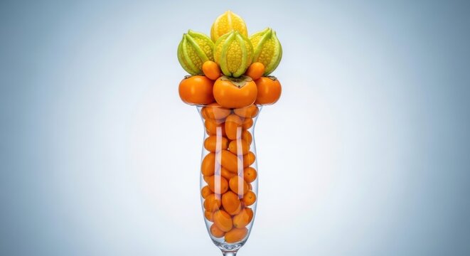 A Generous Display of Ripe Persimmons, Kumquats, and Ugli Fruit in an Elegant Vase Arrangement