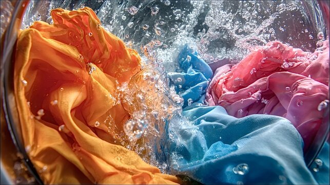 Vibrant clothes swirling inside a washing machine with water splashes and bubbles, conveying dynamic motion, freshness, cleanliness and everyday domestic laundry routine
