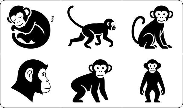 A set of six monkey silhouettes in different poses and views, including a sleeping monkey, a standing monkey, and a sitting monkey, all in black and white.