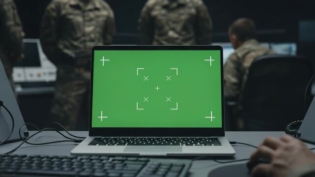 Military personnel operate a laptop with a green screen in a dark room for analysis