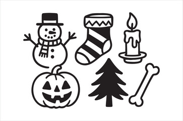 Naklejka premium Black and white illustration of halloween and christmas themed objects