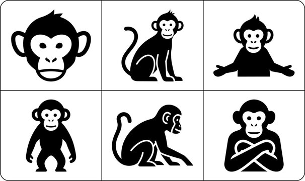 A set of six monkey silhouettes in different poses and expressions, showcasing their playful and curious nature in a simple yet charming design.