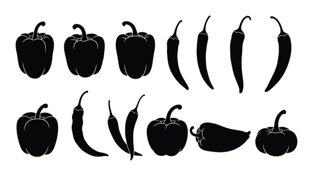 A vibrant and diverse array of peppers and chillies in a simple yet striking black silhouette against a clean white background for culinary or design use