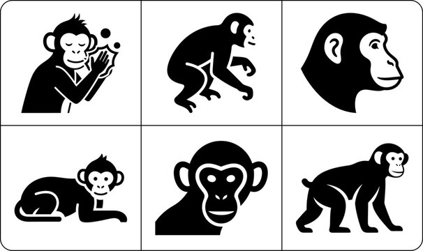 A set of six monkey silhouettes in different poses, showcasing their playful and mischievous nature, against a clean white background.