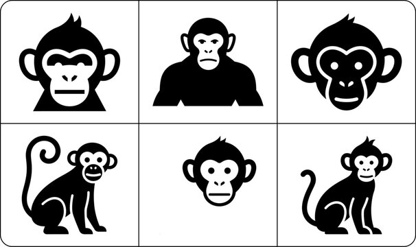 A set of black monkey silhouettes in various poses and expressions on a white background, showcasing different monkey faces and bodies in a simple and minimalist style.