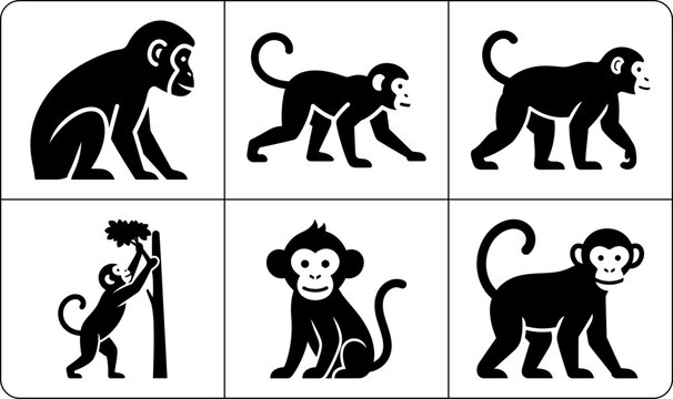 A set of monkey silhouettes in various poses, showcasing their agility and playfulness in a simple yet effective design.