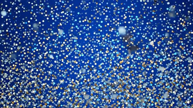 Falling shimmering blue and gold glitter particles creating a vibrant festive abstract background