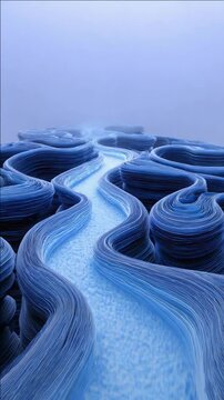 Abstract surreal landscape with winding blue canyons; layered stone textures form a sinuous river under a pale sky; dreamlike and otherworldly
