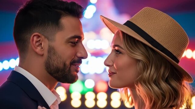 A romantic couple shares a tender moment in a vibrant at an amusement park
