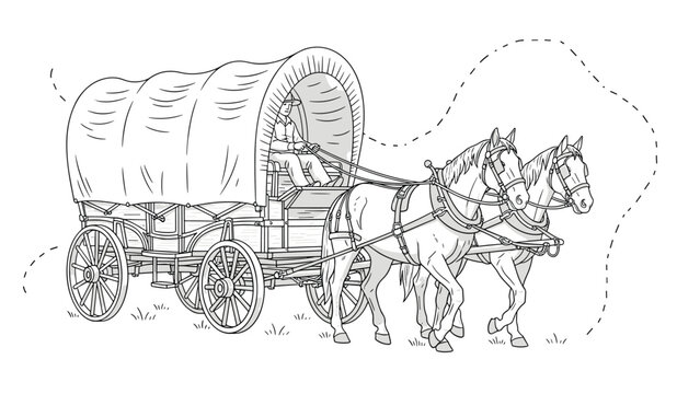 Classic line drawing of a historical covered wagon being pulled by a team of two horses across an open landscape.