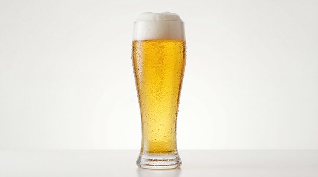 A tall glass of refreshing golden lager beer featuring a thick white foam head and condensation
