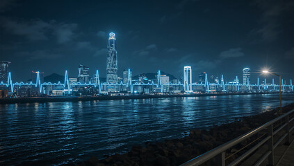 都市の夜景スカイラインが心電図の波形になって連なる不思議な風景