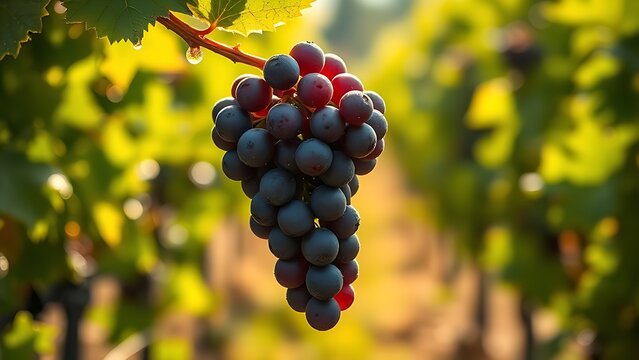 generality. A single cluster of Cabernet Sauvignon grapes glistening with dew in a vineyard under soft sunlight. gardening catalogs, home-decor guides, designed for home decor and floral branding.
