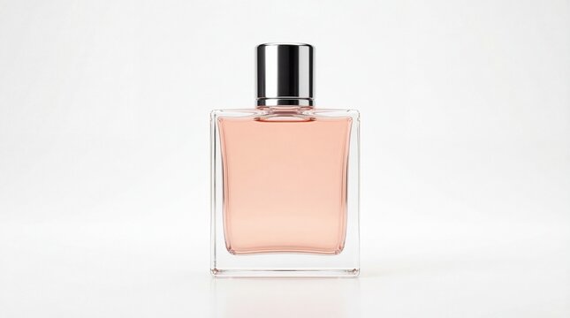Elegant square glass perfume bottle with a metallic silver cap containing a soft pink fragrance