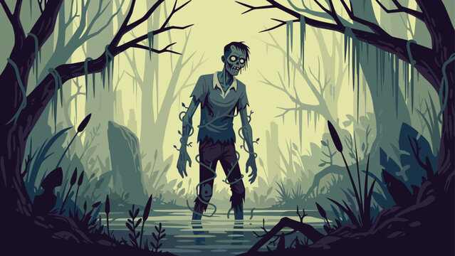 Menacing zombie figure wading through a murky swamp in a dark forest depicted in a retro pixel art style.