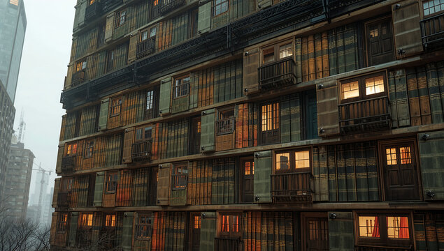 懐かしい街並みで高層ビルの壁が巨大本棚となる不思議な建築風景