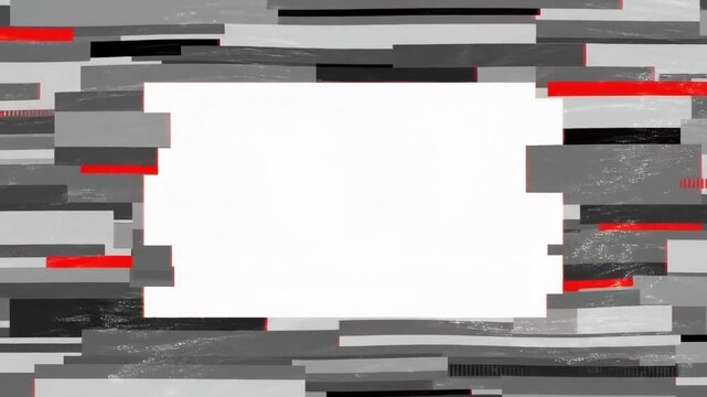A distorted glitchy screen displays a white rectangle on a grey background