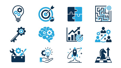 Fototapeta premium Set of business and strategy icons collection, innovation and solution signs in blue and black colors