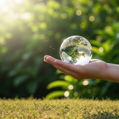 Hand holding a crystal ball representing earth in a natural outdoor setting with sunlight