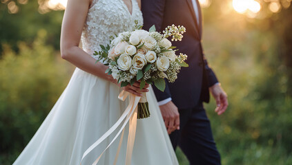 Fototapeta premium 夕暮れの自然の中で花束を持って歩く日本人新郎新婦の結婚式シーン