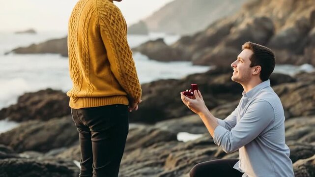 A man proposes to his partner on a rocky beach in a romantic