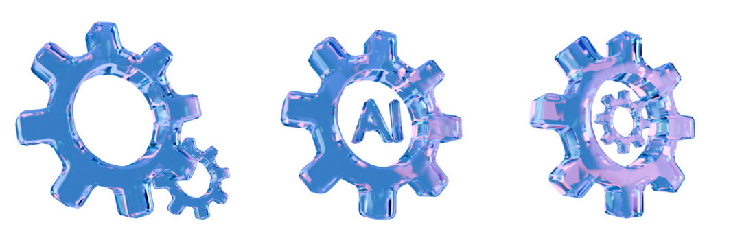 AI glass 3d gears set on a transparent white background