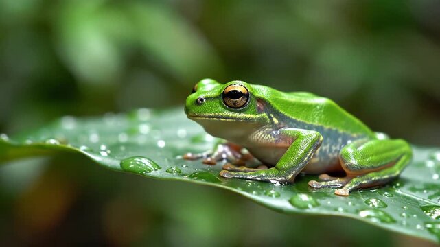 Closeup of a vibrant green tree frog resting on a wet leaf.