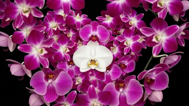 A beautiful heart-shaped arrangement of purple orchids and a white orchid in the center on a black background for a romantic