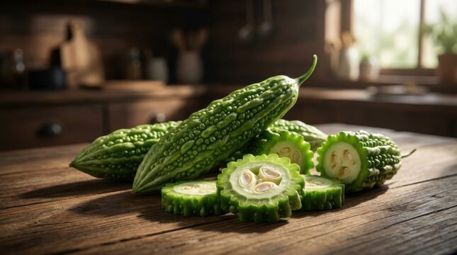 Fresh bitter gourds and sliced pieces on wooden table in rustic kitchen