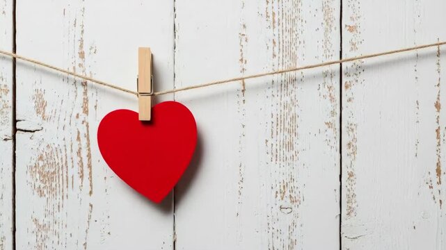 A red heart hangs from a clothesline on a rustic white wooden background in a heartwarming