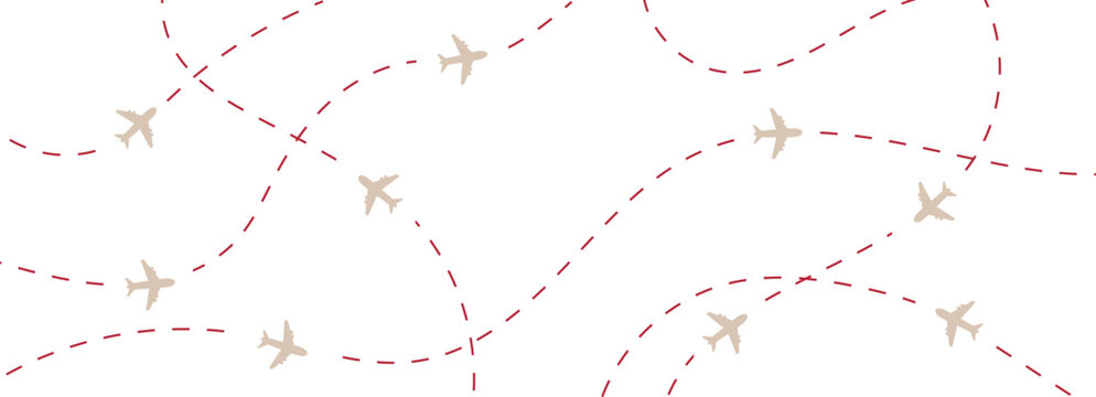 Airplane red line path route travel vector concept. Plane routes dotted paths aircraft travel route start point flight destination golden airplane. eps10 vector illustrator.