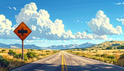 Long road view under blue skies filled with puffy white clouds. Crossing sign stands tall