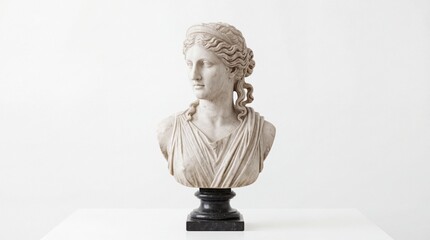 Obraz premium Classical marble bust of a young woman with elegant wavy hair styled in a decorative headband detail