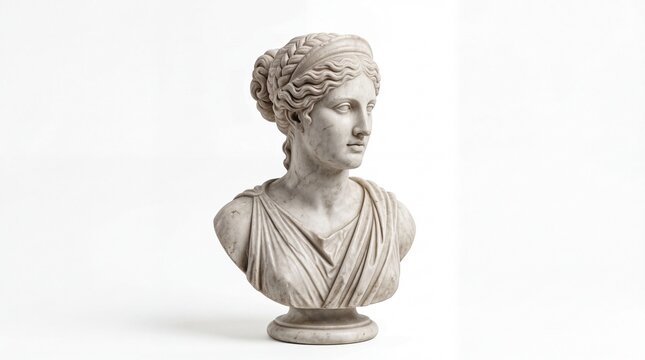 Classical marble bust of a young woman with braided hair wearing a traditional draped chiton garment
