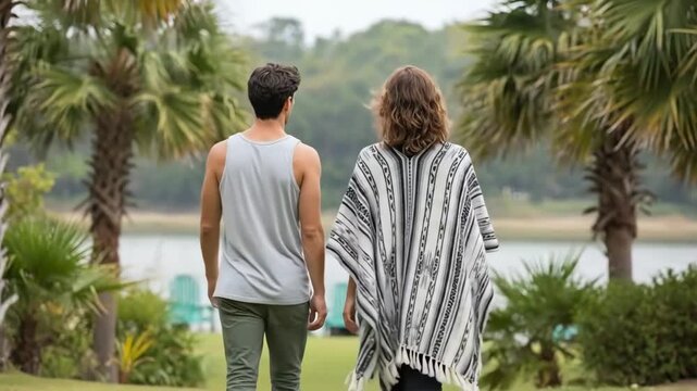 A couple walking hand in hand along a scenic lakeside path in a tropical paradise