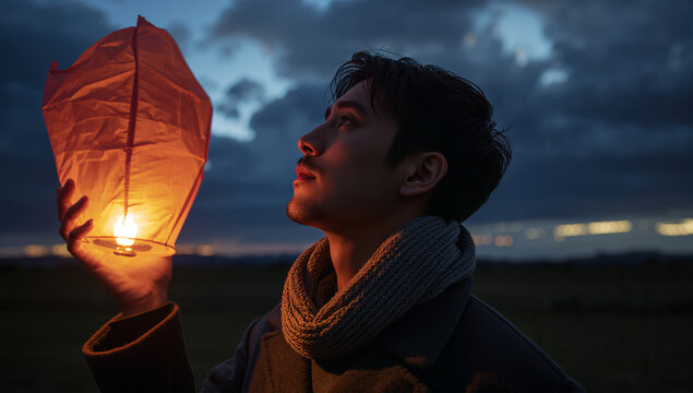 夕暮れの空の下でランタンを手に夜空を見上げる日本人男性の情景